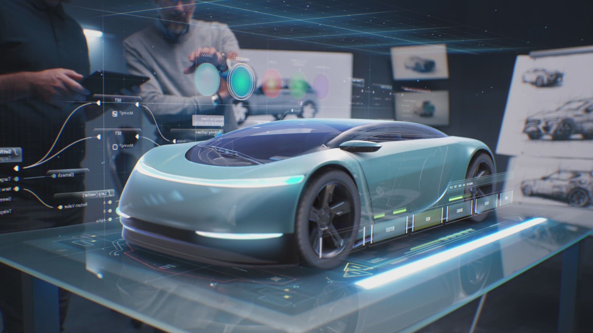 Automotive designers create design of car, choose color
