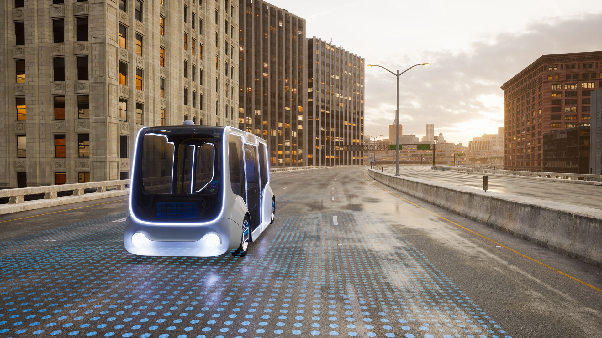 Autonomous electric bus self driving on street, Smart vehicle technology concept, 3d render