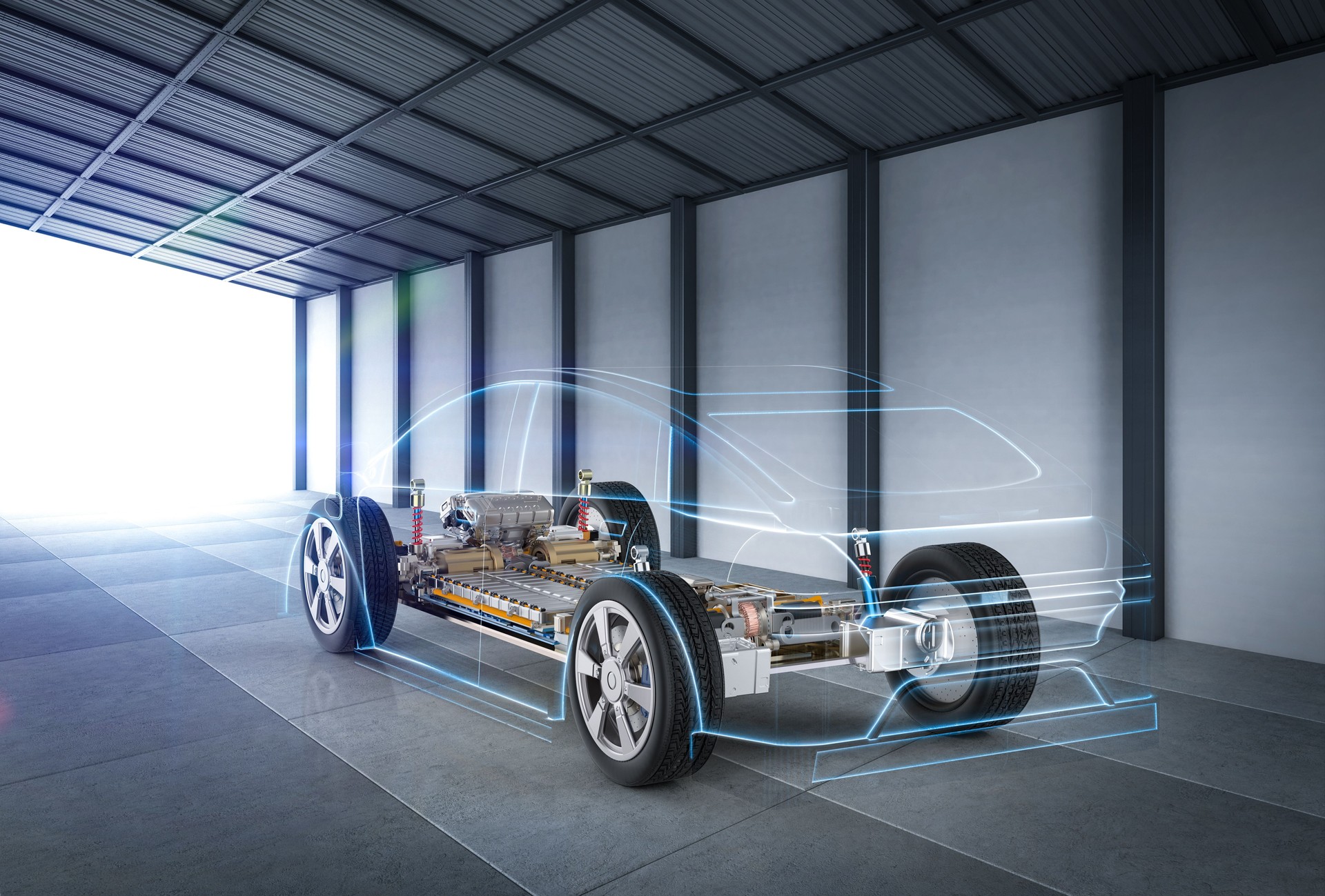 Ev car or electric vehicle with pack of battery cells on platform